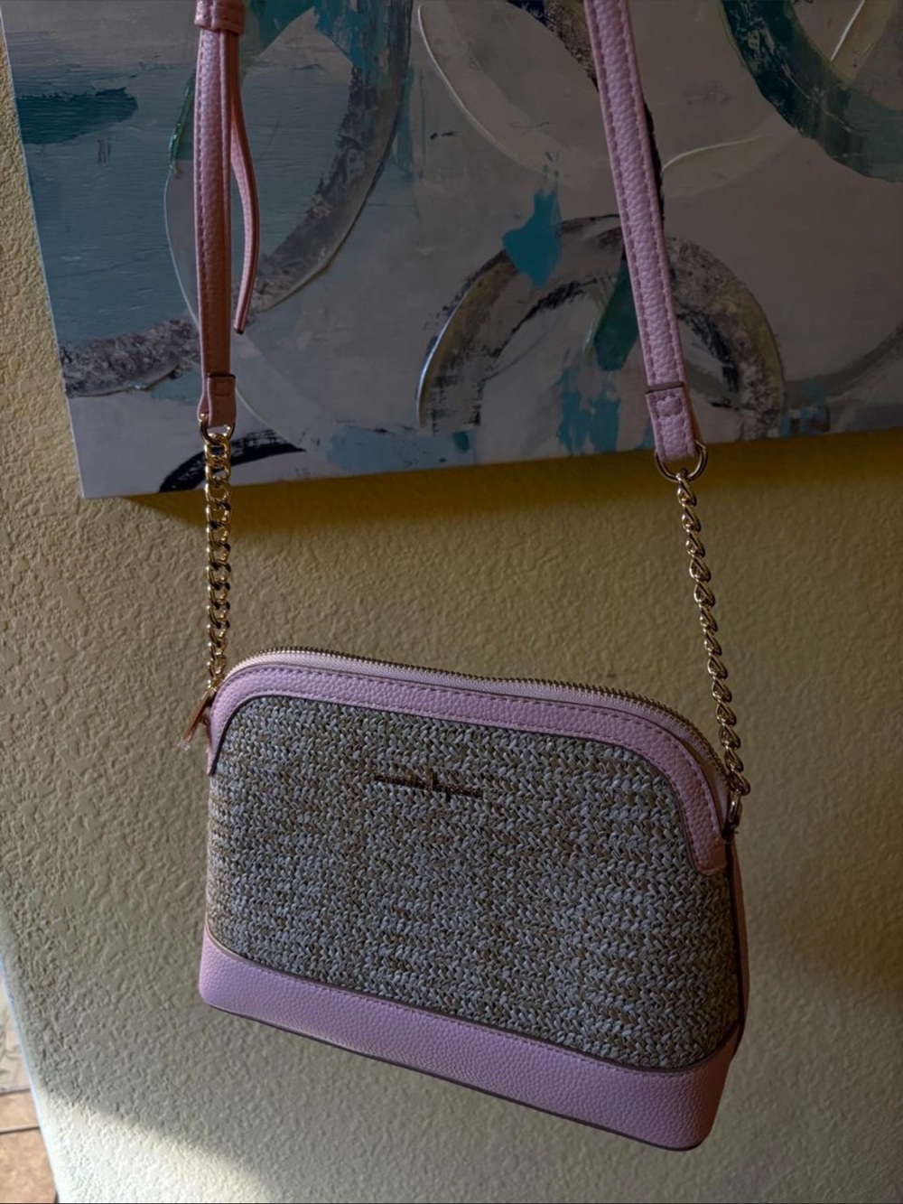 Nanette Lepore Pink Straw-Texture Crossbody with Gold Chain